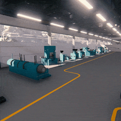3D animacija masina za proizvodnju municije u fabrici.